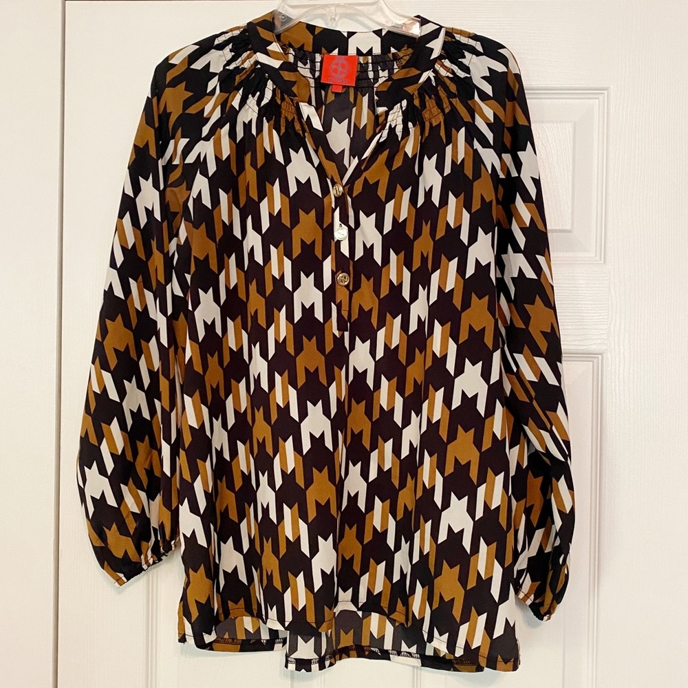 LIKE NEW Tracy Negoshian Kira Top Black & Golden Brown Geometric Pattern L